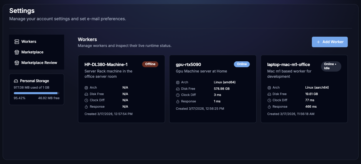 Self-hosted worker management interface